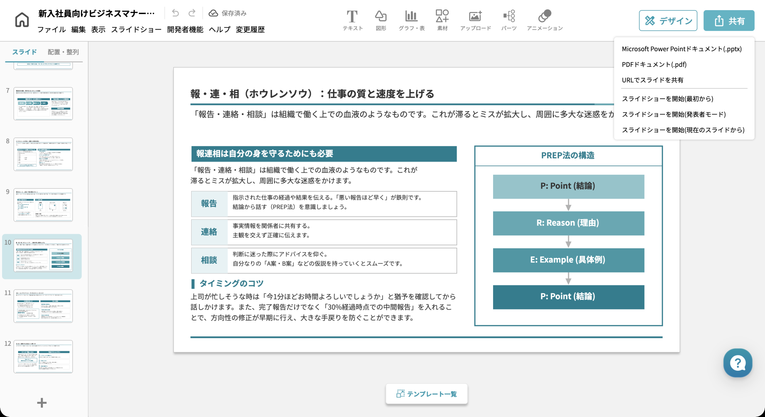 イルシルの共有メニュー。PowerPointとPDFの書き出し、URLでの共有、スライドショーの開始が並んでいます
